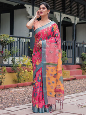 Rajwada Dark Pink Cotton Linen Printed Saree For Women