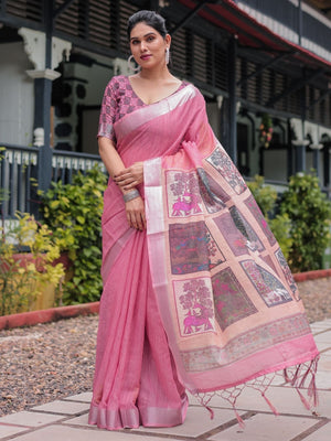 Rajwada Dusty Pink Cotton Linen Printed Saree For Women