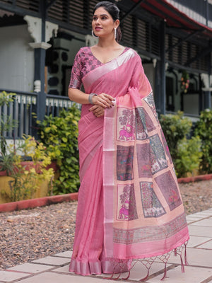 Rajwada Dusty Pink Cotton Linen Printed Saree For Women