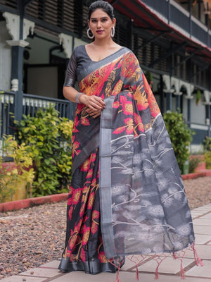 Rajwada Dark Grey Cotton Linen Printed Saree For Women