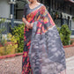 Rajwada Dark Grey Cotton Linen Printed Saree For Women