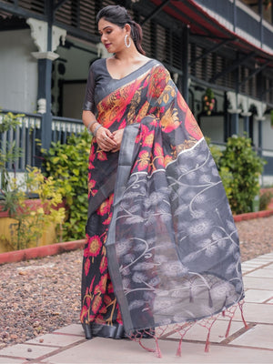 Rajwada Dark Grey Cotton Linen Printed Saree For Women