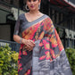 Rajwada Dark Grey Cotton Linen Printed Saree For Women