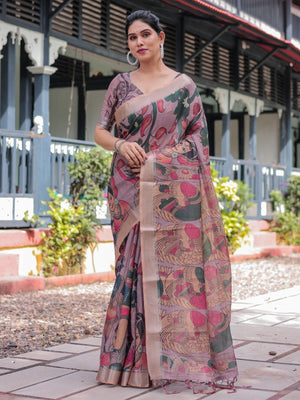 Rajwada Dusty Lavender Cotton Linen Printed Saree For Women
