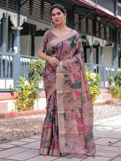 Rajwada Dusty Lavender Cotton Linen Printed Saree For Women