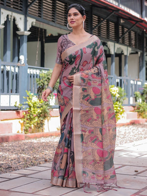 Rajwada Dusty Lavender Cotton Linen Printed Saree For Women