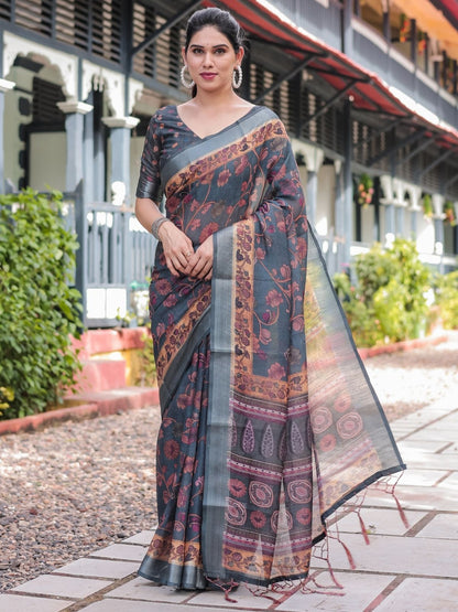 Rajwada Dark Grey Cotton Linen Printed Saree For Women
