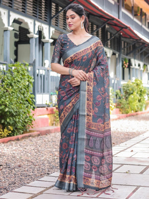 Rajwada Dark Grey Cotton Linen Printed Saree For Women