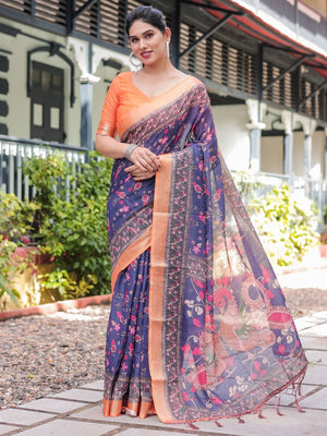 Rajwada Dark Blue Cotton Linen Printed Saree For Women