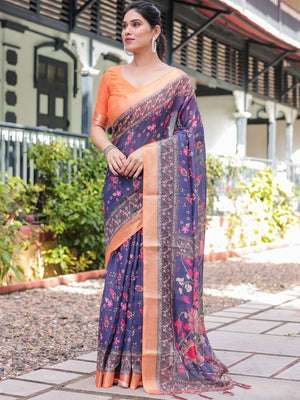 Rajwada Dark Blue Cotton Linen Printed Saree For Women