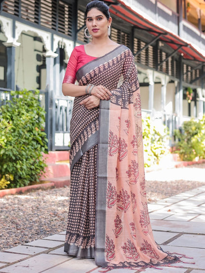 Rajwada Black And Peach Cotton Linen Printed Saree For Women
