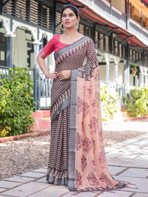 Rajwada Black And Peach Cotton Linen Printed Saree For Women