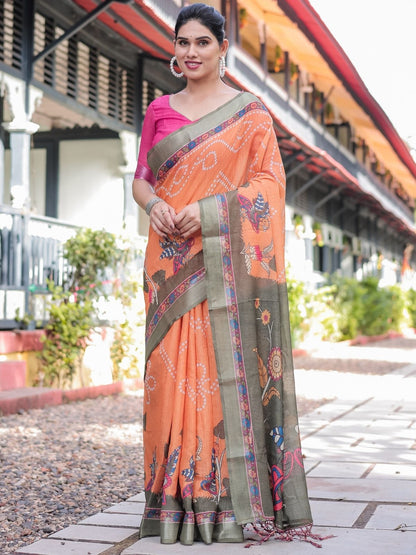 Rajwada Orange Cotton Blend Printed Saree For Women