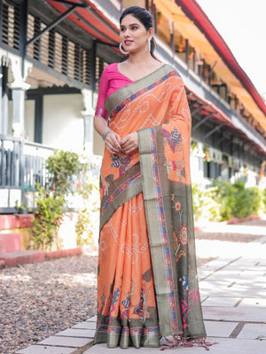 Rajwada Orange Cotton Blend Printed Saree For Women