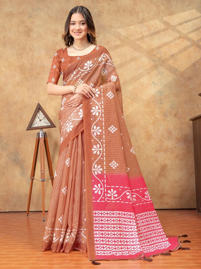 Rajwada Light Brown Cotton Linen Printed Saree For Women