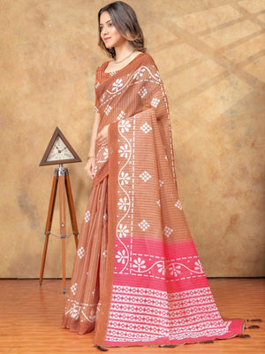 Rajwada Light Brown Cotton Linen Printed Saree For Women