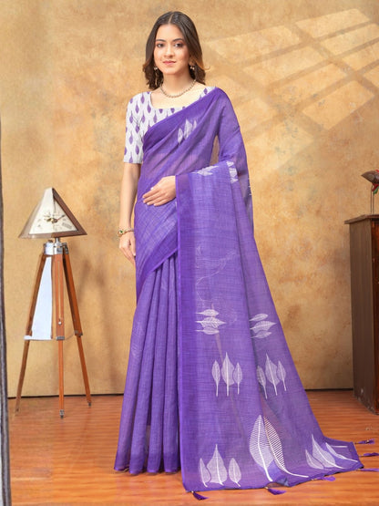 Rajwada Purple Cotton Linen Printed Saree For Women