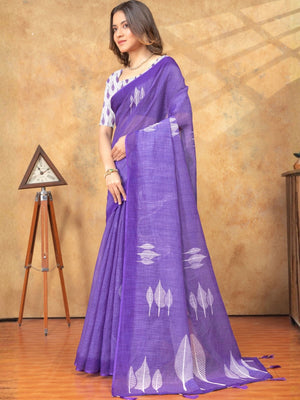 Rajwada Purple Cotton Linen Printed Saree For Women