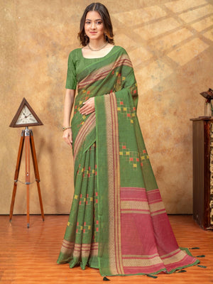 Rajwada Olive Green Cotton Linen Printed Saree For Women