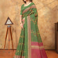 Rajwada Olive Green Cotton Linen Printed Saree For Women