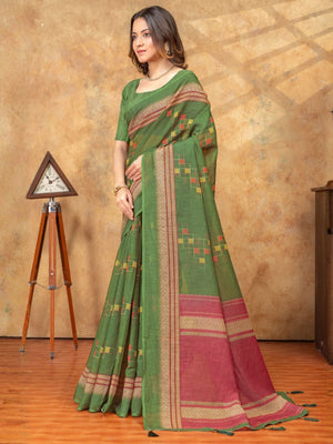 Rajwada Olive Green Cotton Linen Printed Saree For Women