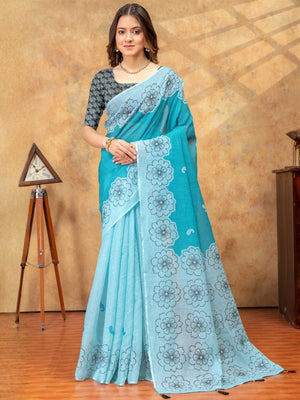 Rajwada Sky Blue Cotton Linen Printed Saree For Women