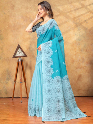 Rajwada Sky Blue Cotton Linen Printed Saree For Women