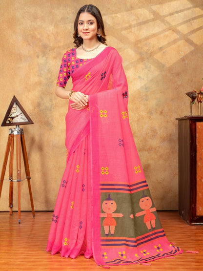 Rajwada Pink Cotton Blend Printed Saree For Women