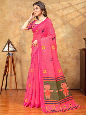 Rajwada Pink Cotton Blend Printed Saree For Women