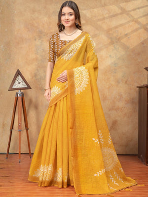 Rajwada Mustard Yellow Cotton Blend Printed Saree For Women