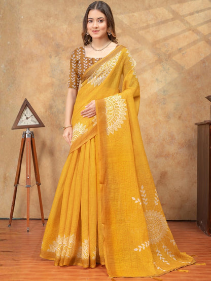Rajwada Mustard Yellow Cotton Blend Printed Saree For Women