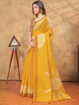 Rajwada Mustard Yellow Cotton Blend Printed Saree For Women
