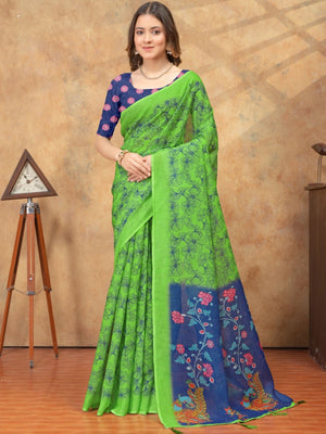 Rajwada Light Green Cotton Blend Printed Saree For Women