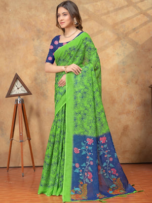 Rajwada Light Green Cotton Blend Printed Saree For Women
