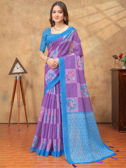 Rajwada Purple Cotton Blend Printed Saree For Women