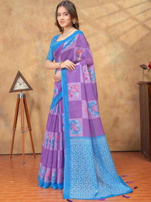 Rajwada Purple Cotton Blend Printed Saree For Women