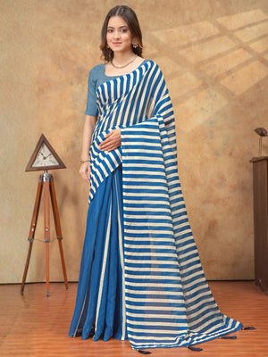 Rajwada Blue Cotton Blend Striped Saree For Women