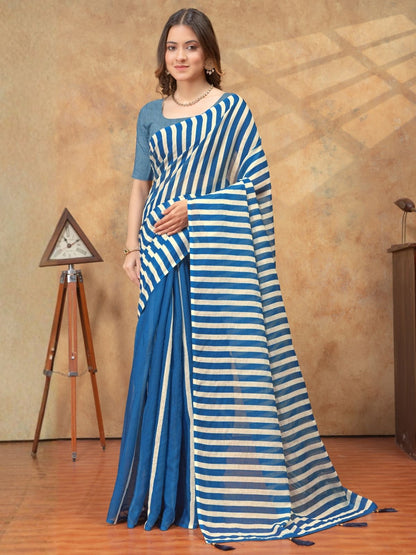 Rajwada Blue Cotton Blend Striped Saree For Women
