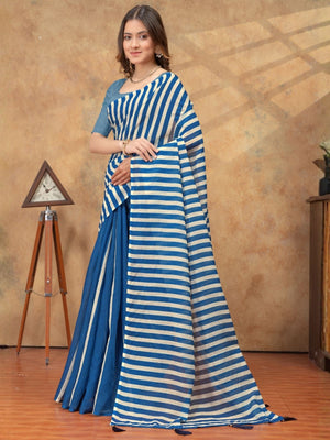 Rajwada Blue Cotton Blend Striped Saree For Women
