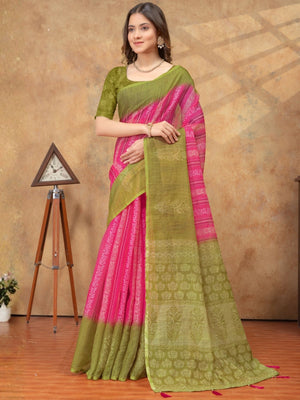 Rajwada Pink Cotton Blend Printed Saree For Women