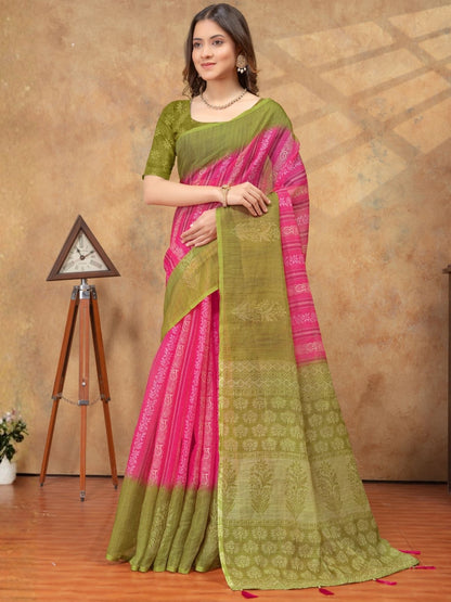 Rajwada Pink Cotton Blend Printed Saree For Women