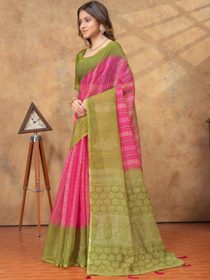 Rajwada Pink Cotton Blend Printed Saree For Women