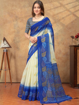 Rajwada Off White And Royal Blue Cotton Blend Printed Saree For Women