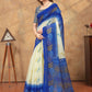 Rajwada Off White And Royal Blue Cotton Blend Printed Saree For Women