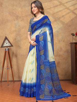 Rajwada Off White And Royal Blue Cotton Blend Printed Saree For Women