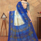Rajwada Off White And Royal Blue Cotton Blend Printed Saree For Women