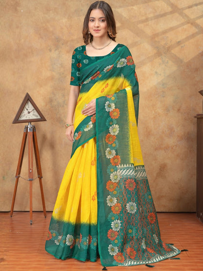 Rajwada Yellow Cotton Blend Printed Saree For Women