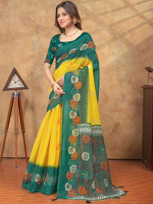 Rajwada Yellow Cotton Blend Printed Saree For Women