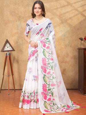 Rajwada White Cotton Blend Printed Saree For Women