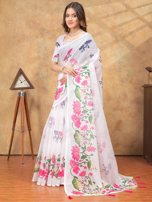 Rajwada White Cotton Blend Printed Saree For Women